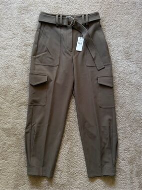 Express Olive Green High Waist Cargo Belted Barrel Ankle Pants